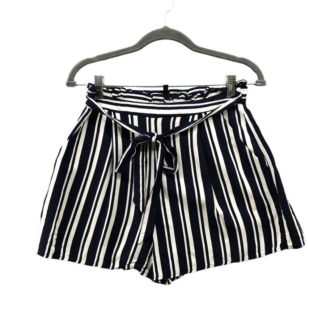 Stradivarius Tie Waist Shorts Womens L Blue White Stripe Rayon Pull On High Rise